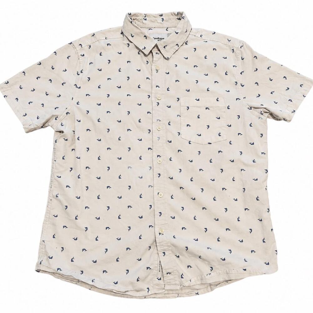 Goodfellow Mens L Swordfish Print Shirt Coastal Preppy Fishing Button Up Cream